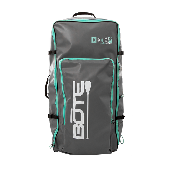 Front view of the DEUS Aero Bag in gray with teal trim, showing main pocket and carry handle.
