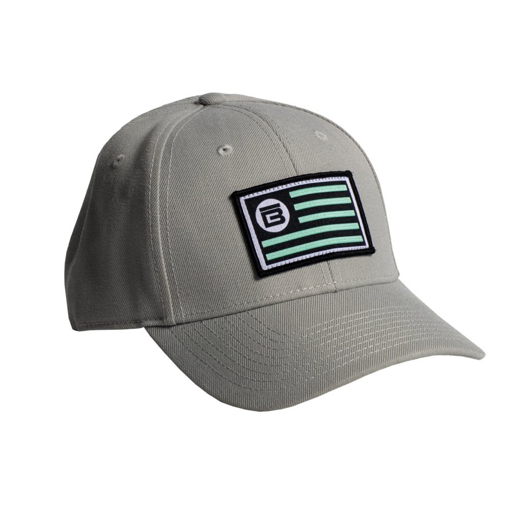 Front view of BOTE Nation Flag Hat Gray in Grey with seafoam green, white and black patch.