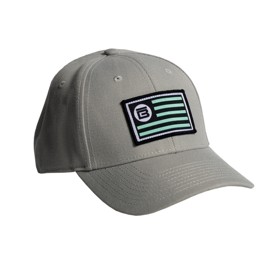 Front view of BOTE Nation Flag Hat Gray in Grey with seafoam green, white and black patch.