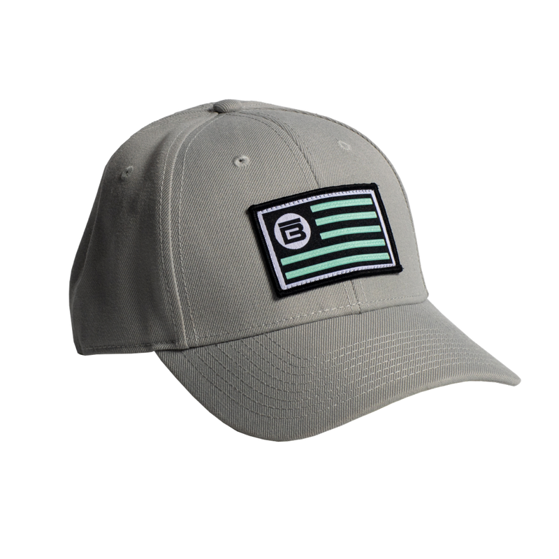 Front view of BOTE Nation Flag Hat Gray in Grey with seafoam green, white and black patch.