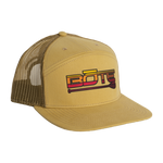 Front view of the BOTE Desert Logo 7 Panel Hat in Yellow. Featuring a yellow, orange, and red BOTE logo.