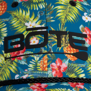 Close up of Black BOTE Logo on Native Cuda Ripstop Hat with Hawaiian Print.