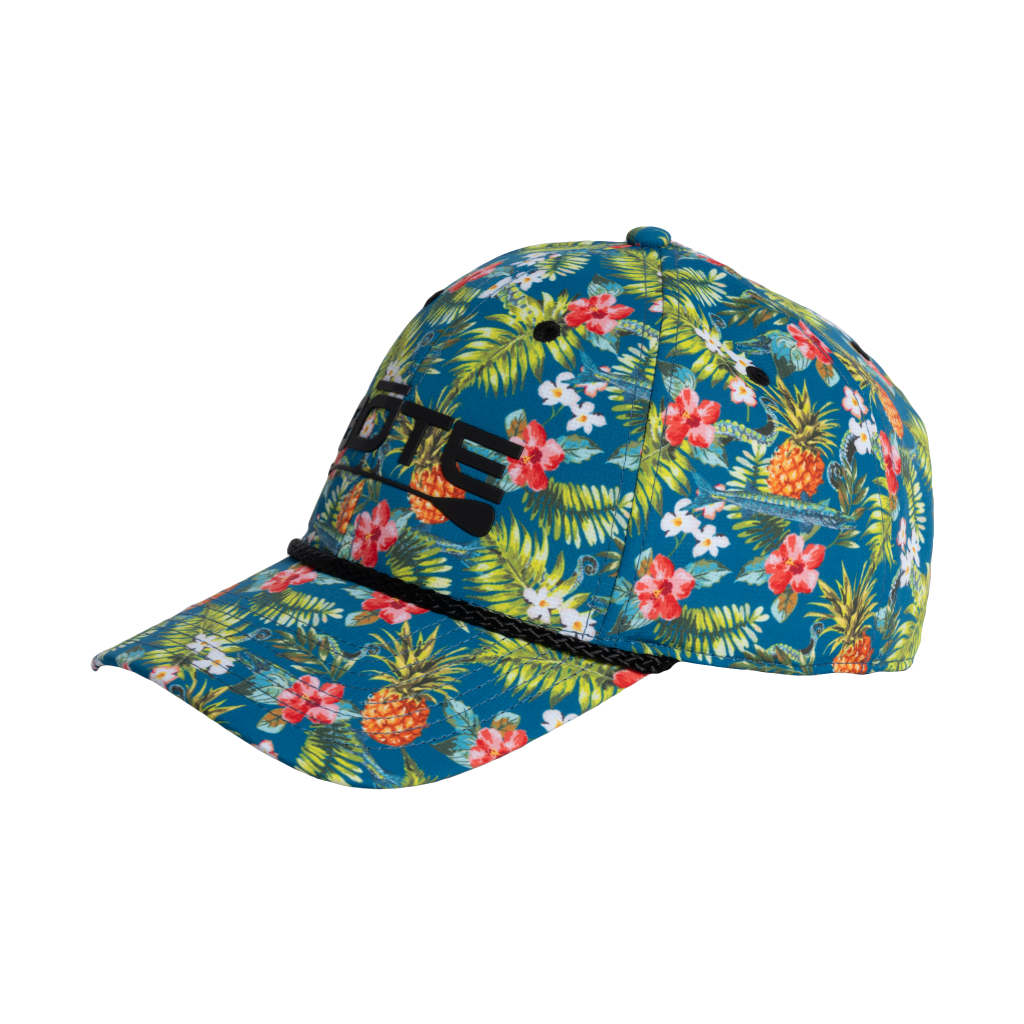 side view of the BOTE Native Cuda Ripstop Hat with Hawaiian Print and black BOTE logo.