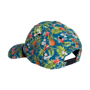 Rear view of the BOTE Native Cuda Ripstop Hat with Hawiian Print and black strap.
