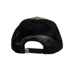 Rear view of the BOTE Boxed Logo Hat with brown Patch in dark green with black mesh back..