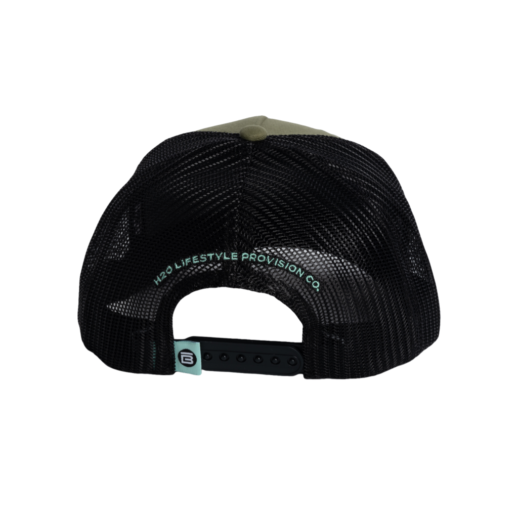 Rear view of the BOTE Boxed Logo Hat with brown Patch in dark green with black mesh back..