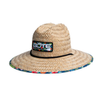 Front view of BOTE Native Cuda Straw Hat with Hawaiian print patch BOTE logo and brim design.