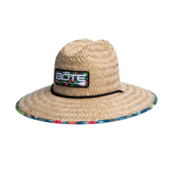 Front view of BOTE Native Cuda Straw Hat with Hawaiian print patch BOTE logo and brim design.