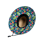 View from beneath the BOTE Native Cuda Straw Hat with Hawaiian print design on the underside of the brim and a black drawstring.