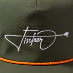 Zoomed in view of the word Fischer on the BOTE Fischer Snapback Hat