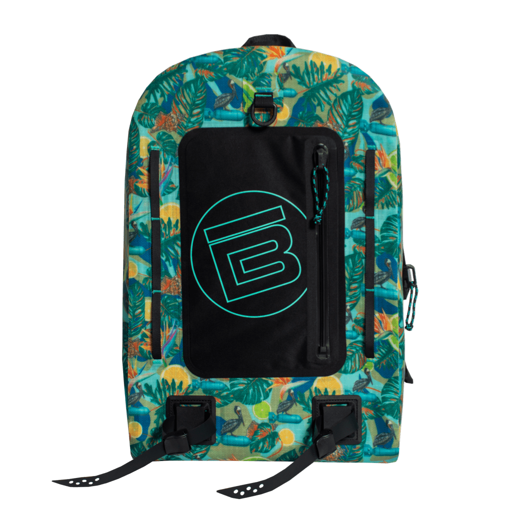 Front view of Highwater Backpack Native Bombardier with black front pocket and B logo.