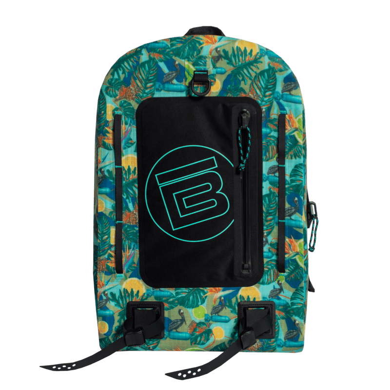 Front view of Highwater Backpack Native Bombardier with black front pocket and B logo.