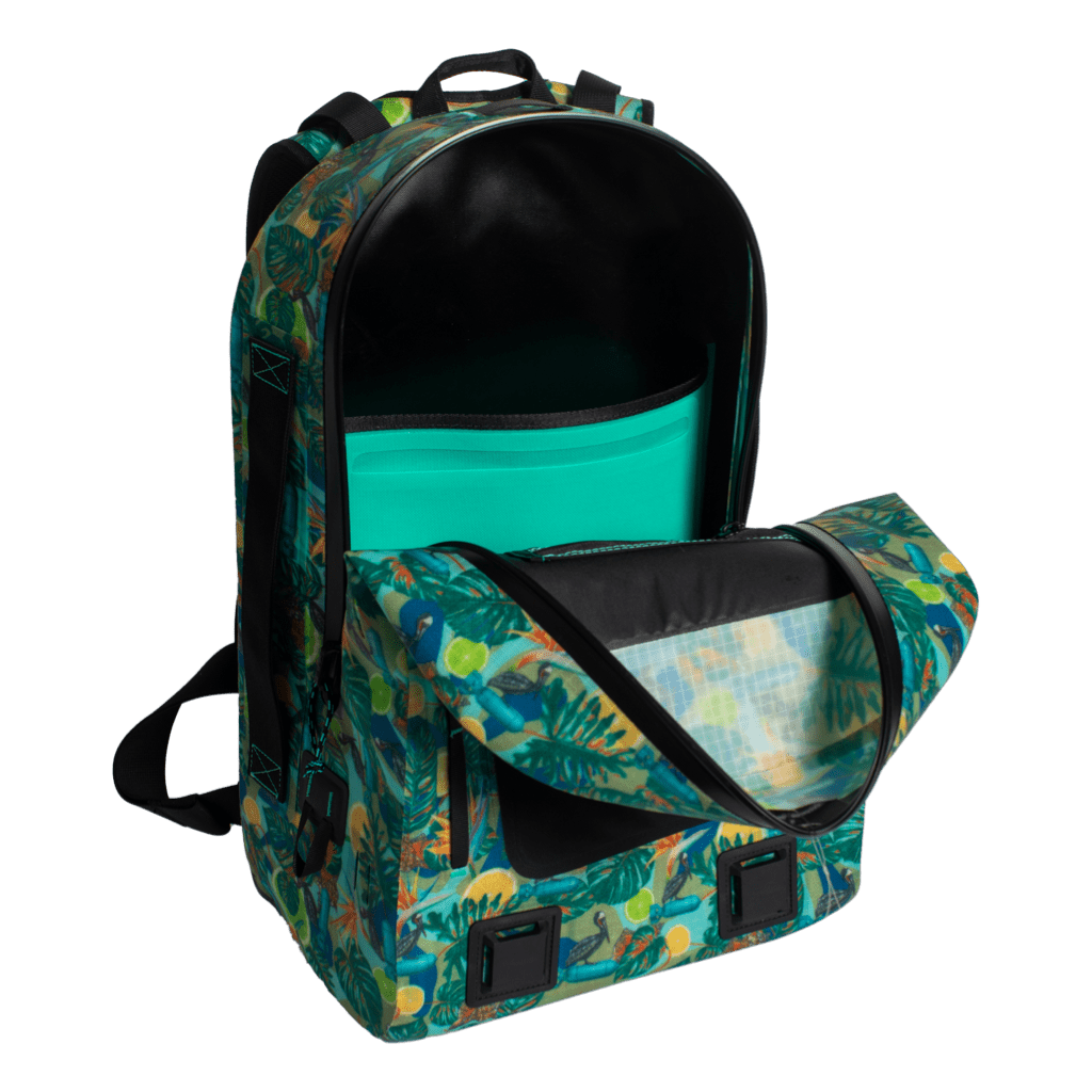 Highwater Backpack Native Bombardier opened to show interior pocket and storage space.
