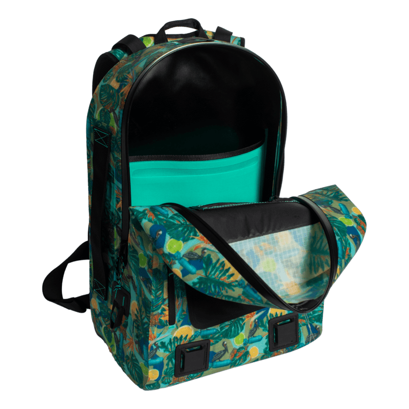 Highwater Backpack Native Bombardier opened to show interior pocket and storage space.