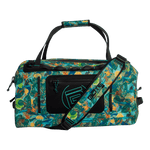 Front view of Highwater Duffel Native Bombardier with strap and tropical print design.