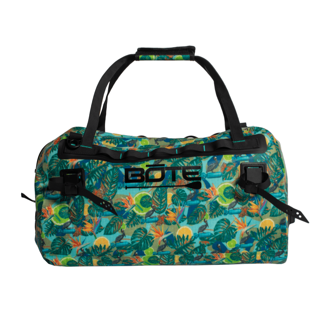 Back view of Highwater Duffel Native Bombardier featuring BOTE logo and buckle straps.