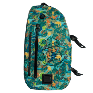 Front view of Highwater Slingpack Native Bombardier with bold B logo and tropical print.
