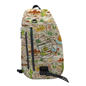 Front view of Highwater Slingpack Native Sendero with desert landscape and bold B logo.