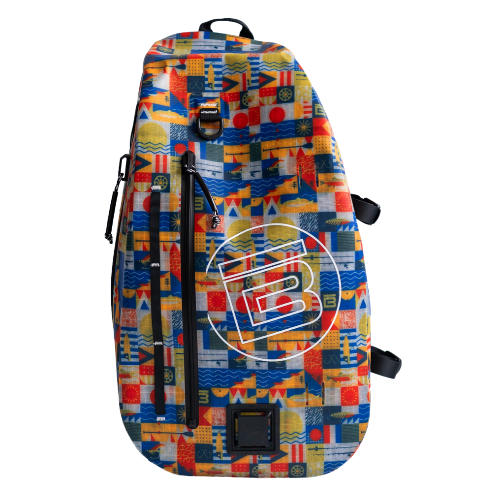Highwater Slingpack in colorful geometric pattern with front zipper pocket and large circular logo.