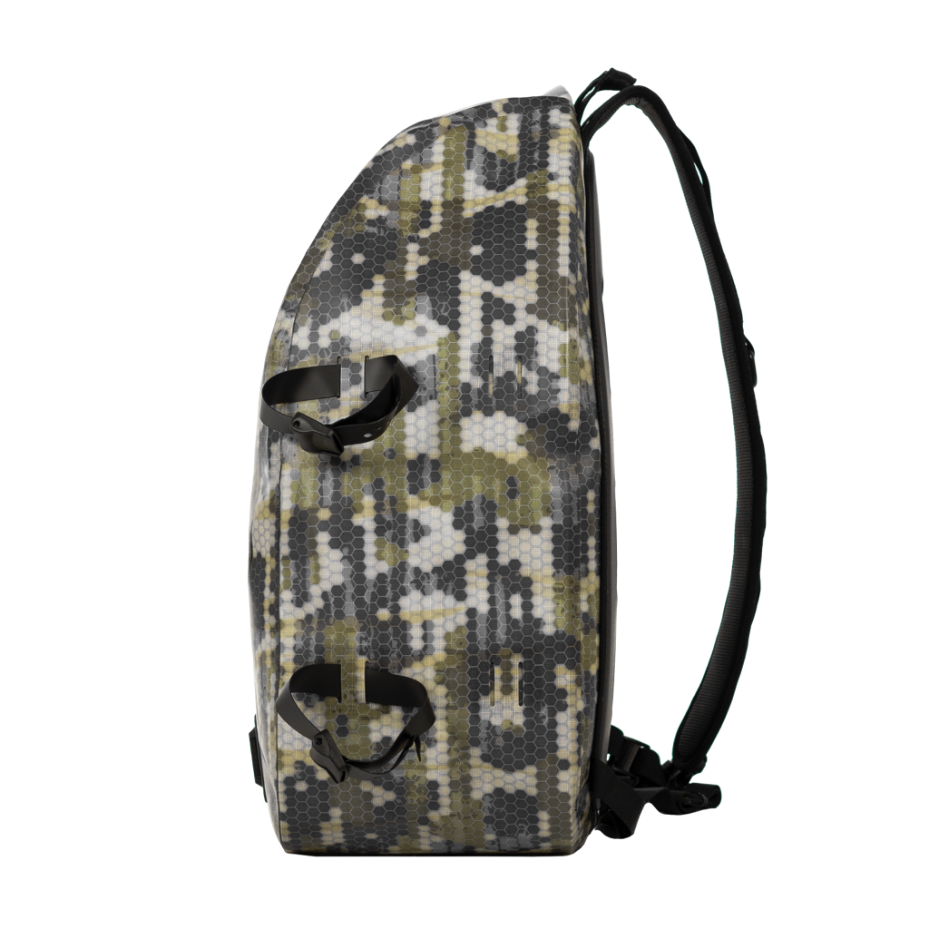 Camouflage-patterned backpack side view