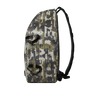 Camouflage-patterned backpack side view