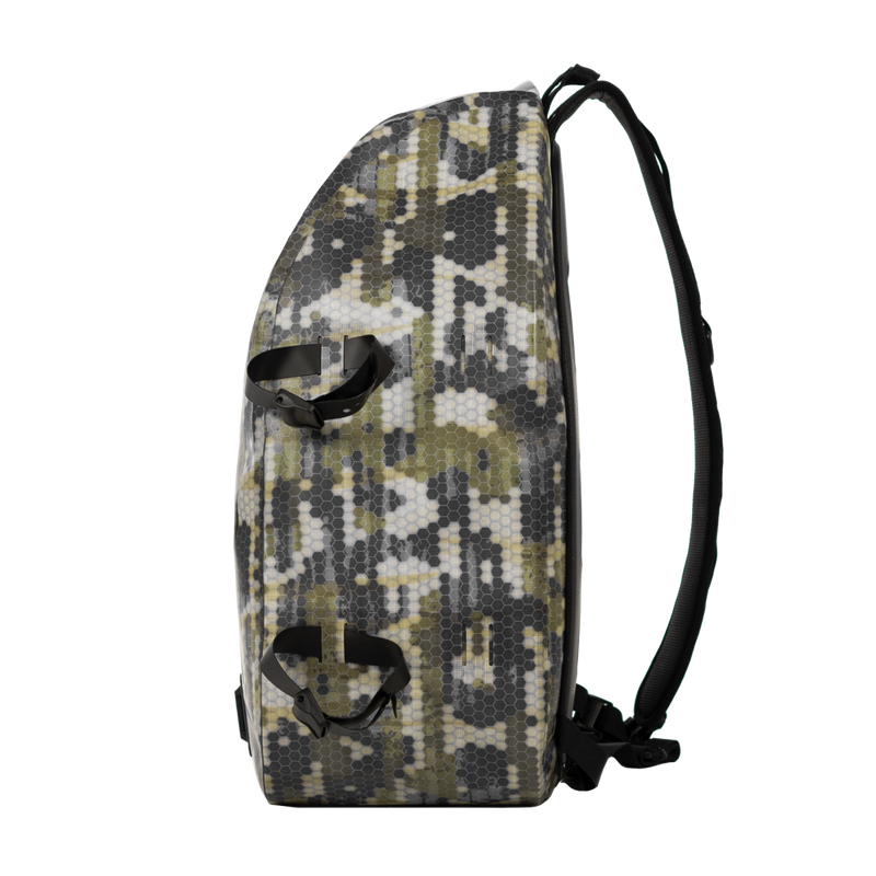 Camouflage-patterned backpack side view