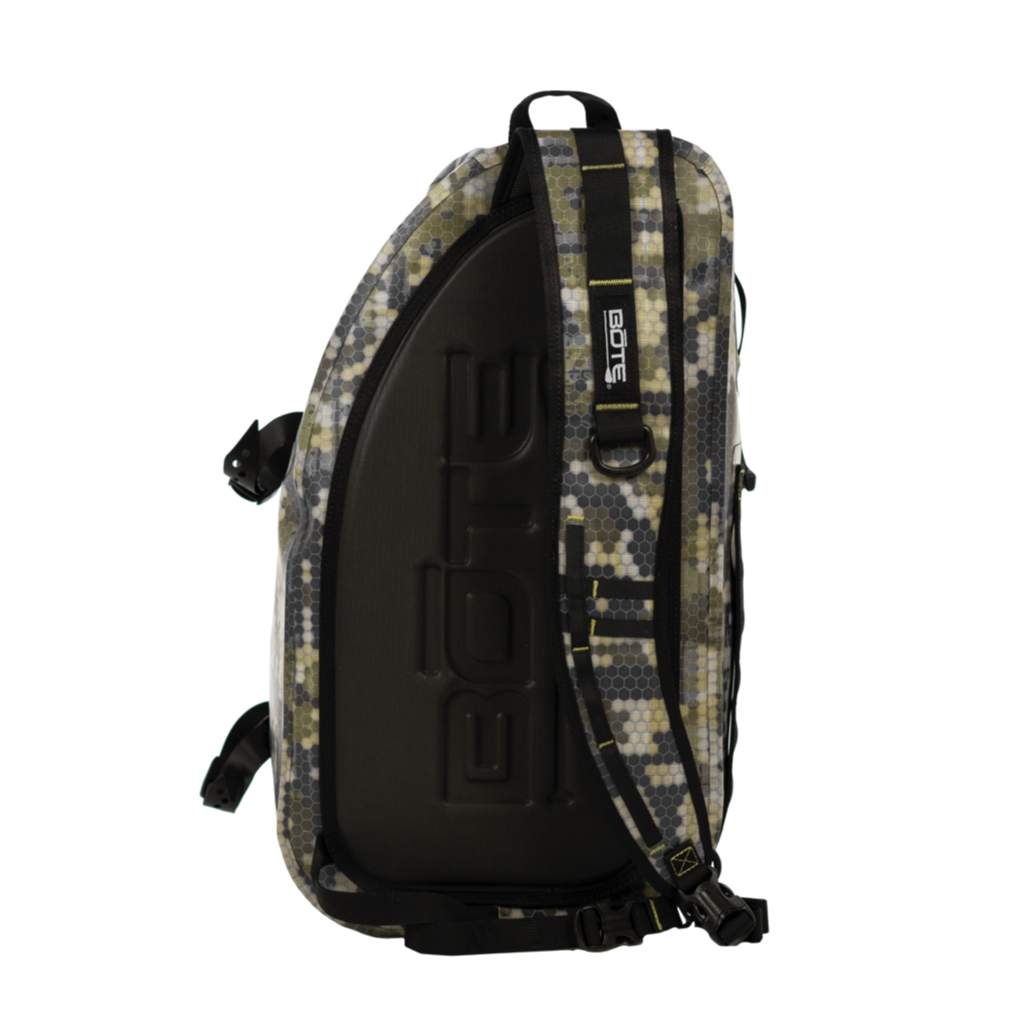 Camouflage backpack with a visible brand logo 