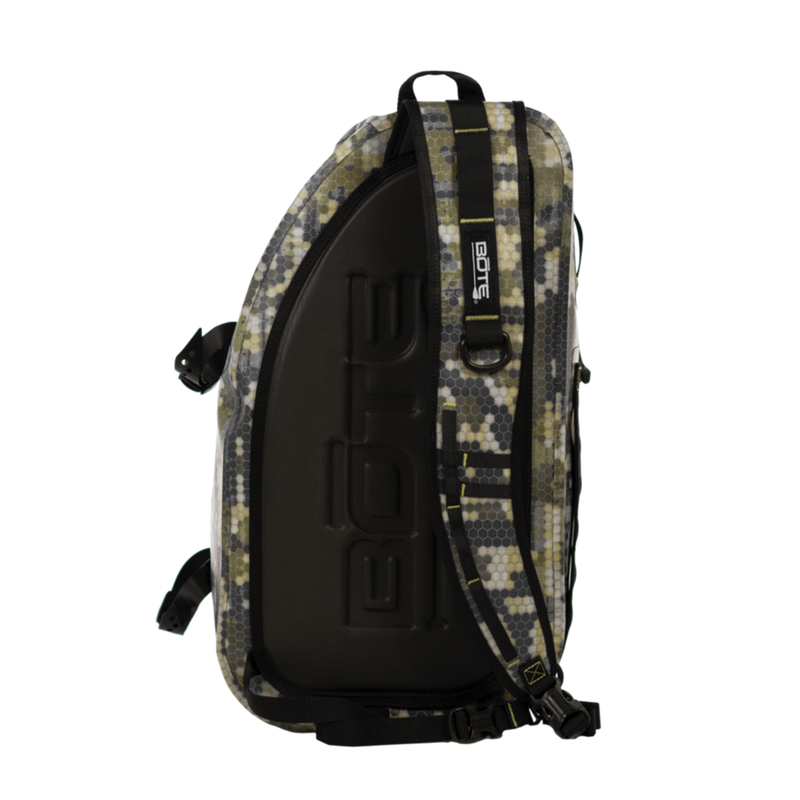 Camouflage backpack with a visible brand logo 