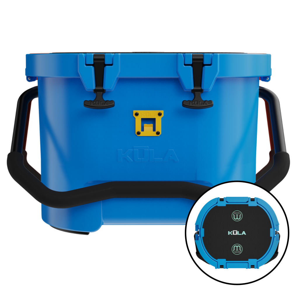 Side view and top zoomed in view of the KULA 10 MAGNEPOD™ Cooler Harbor Blue