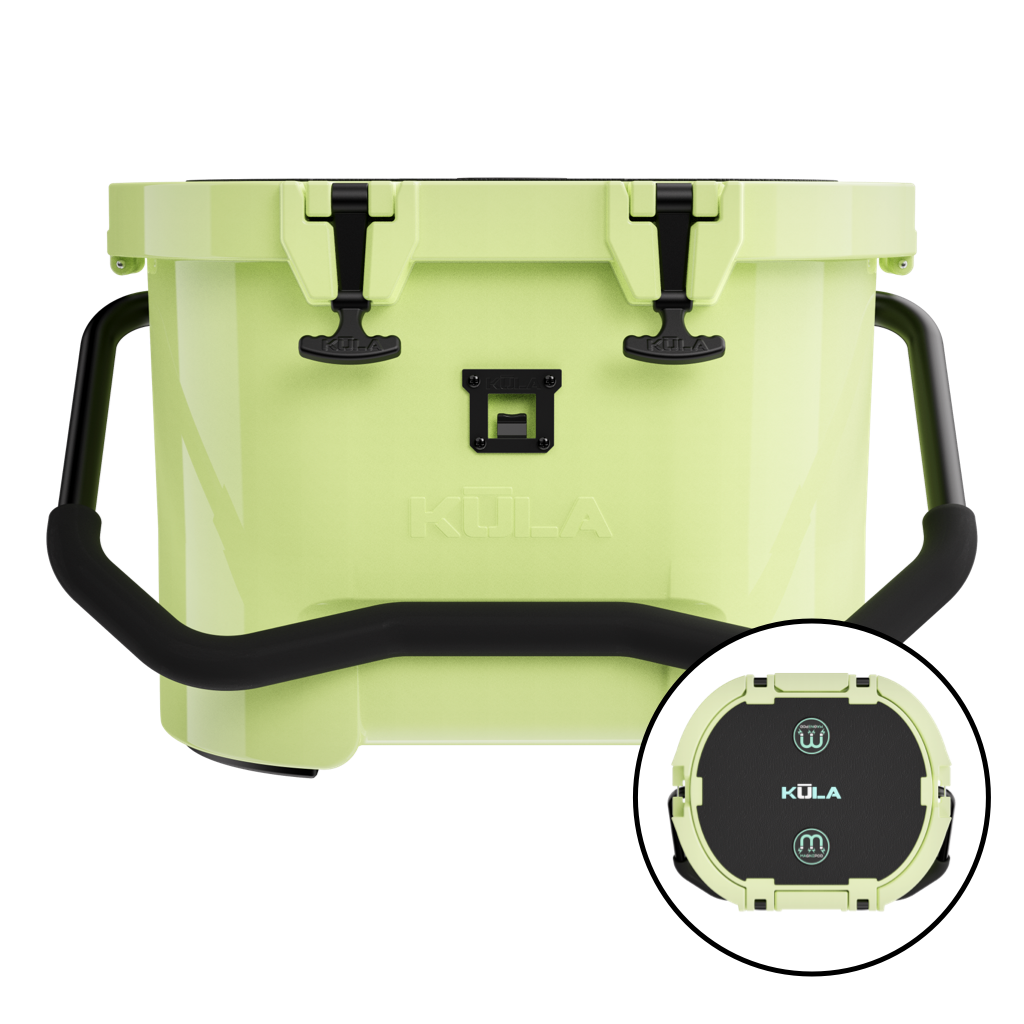 Front view of Kula 10 cooler with cutout of top view of cooler.