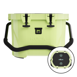 Front view of Kula 10 cooler with cutout of top view of cooler.