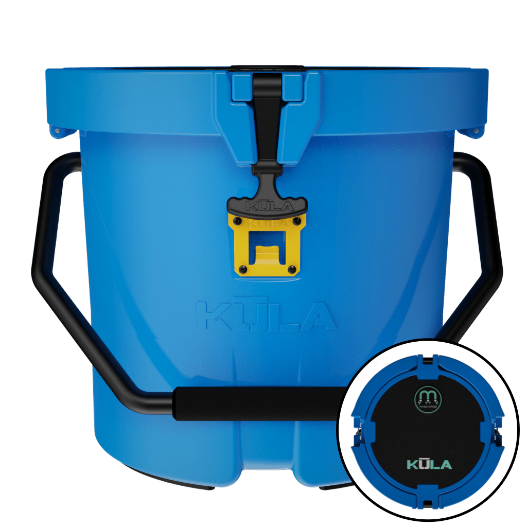 Side view and zoomed in top view of the KULA 5 MAGNEPOD™ Cooler Harbor Blue
