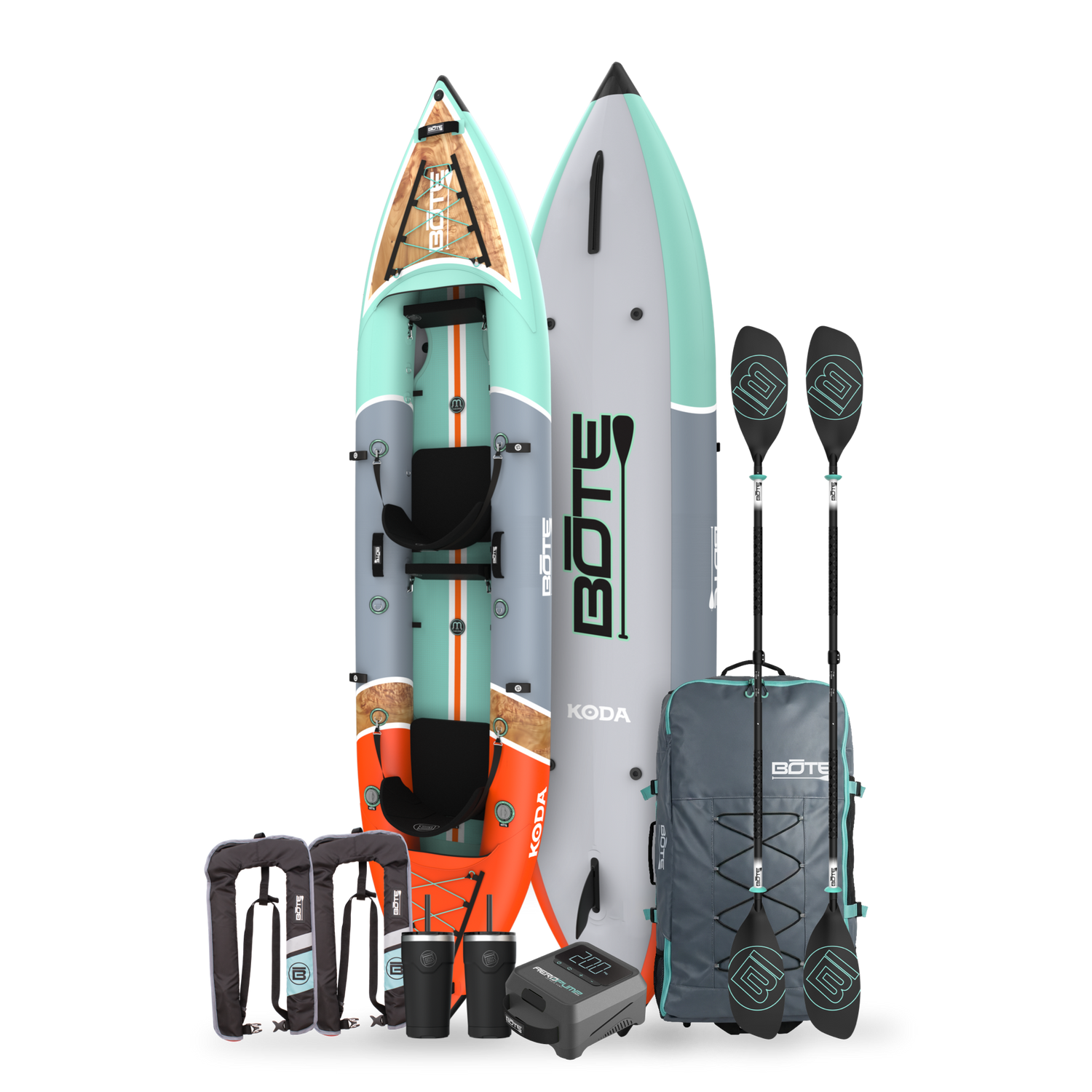 Koda inflatable tandem kayak with included accessories on a white background. The Accessories include a travel packable bag, 2 black paddles, 2 stainless steel MAGNETumblers, an electric air pump and 2 inflatable life vests.