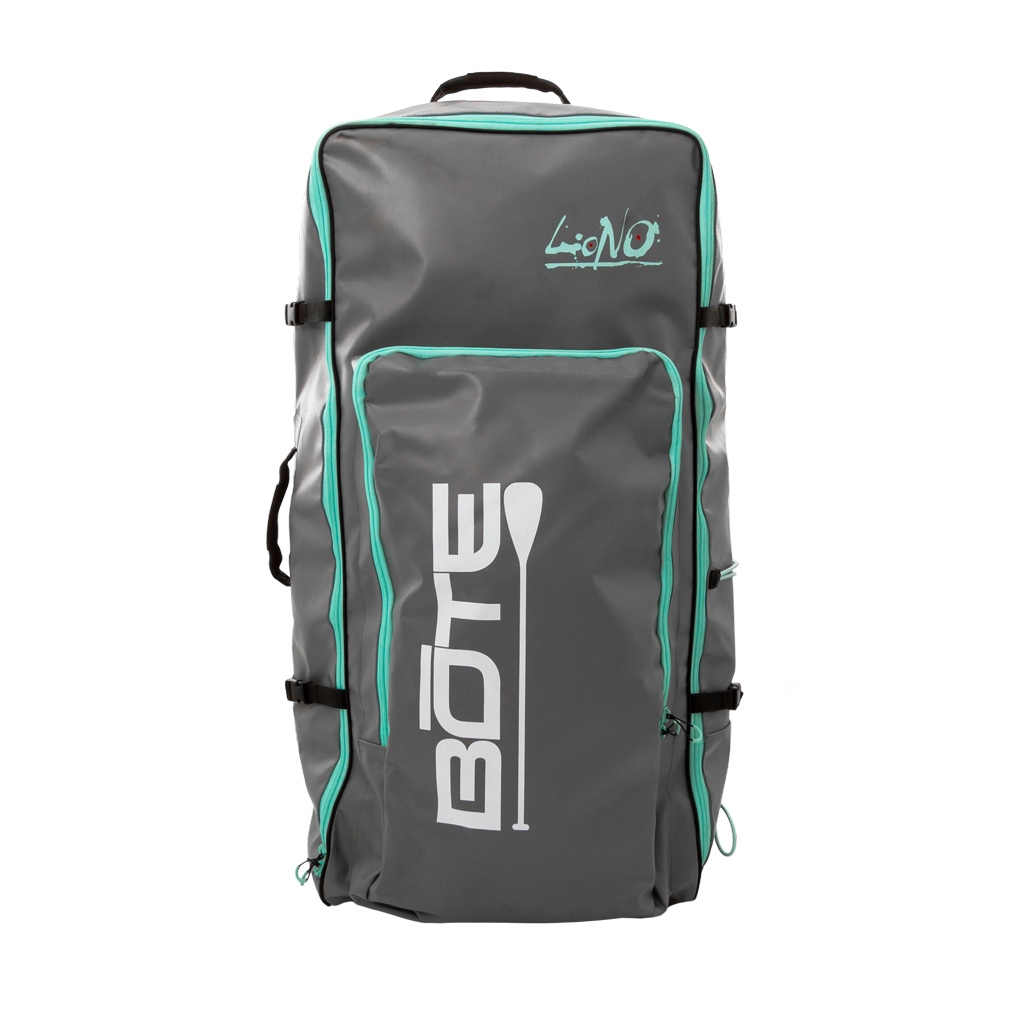 Front view of the LONO Aero Bag in gray with teal piping, top handle, and front pocket.