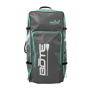 Front view of the LONO Aero Bag in gray with teal piping, top handle, and front pocket.