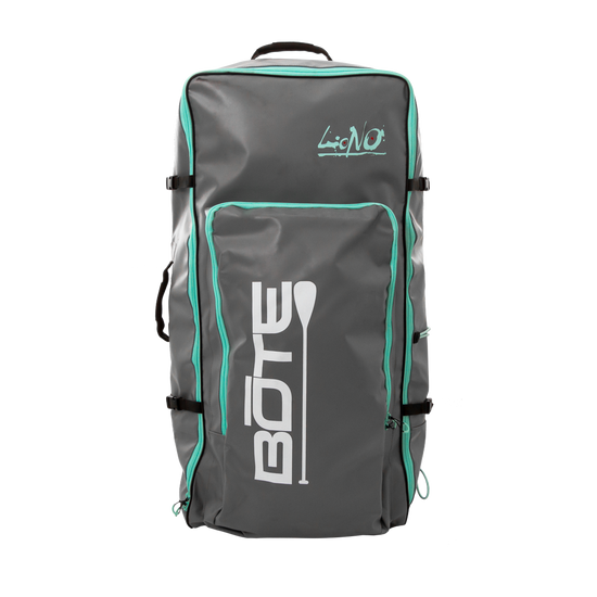 Front view of the LONO Aero Bag in gray with teal piping, top handle, and front pocket.