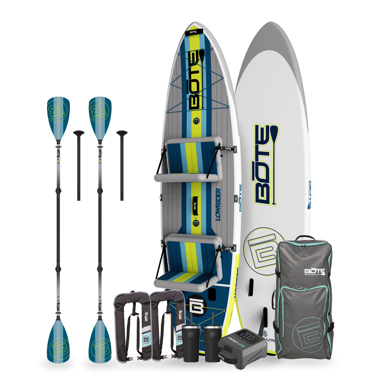 LowRider inflatable tandem kayak/ paddleboard with included accessories on a white background. The Accessories include a travel packable bag, 2 black/ blue paddles, 2 stainless steel MAGNETumblers, an electric air pump and two inflatable life vests.