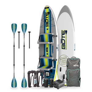 LowRider inflatable tandem kayak/ paddleboard with included accessories on a white background. The Accessories include a travel packable bag, 2 black/ blue paddles, 2 stainless steel MAGNETumblers, an electric air pump and two inflatable life vests.