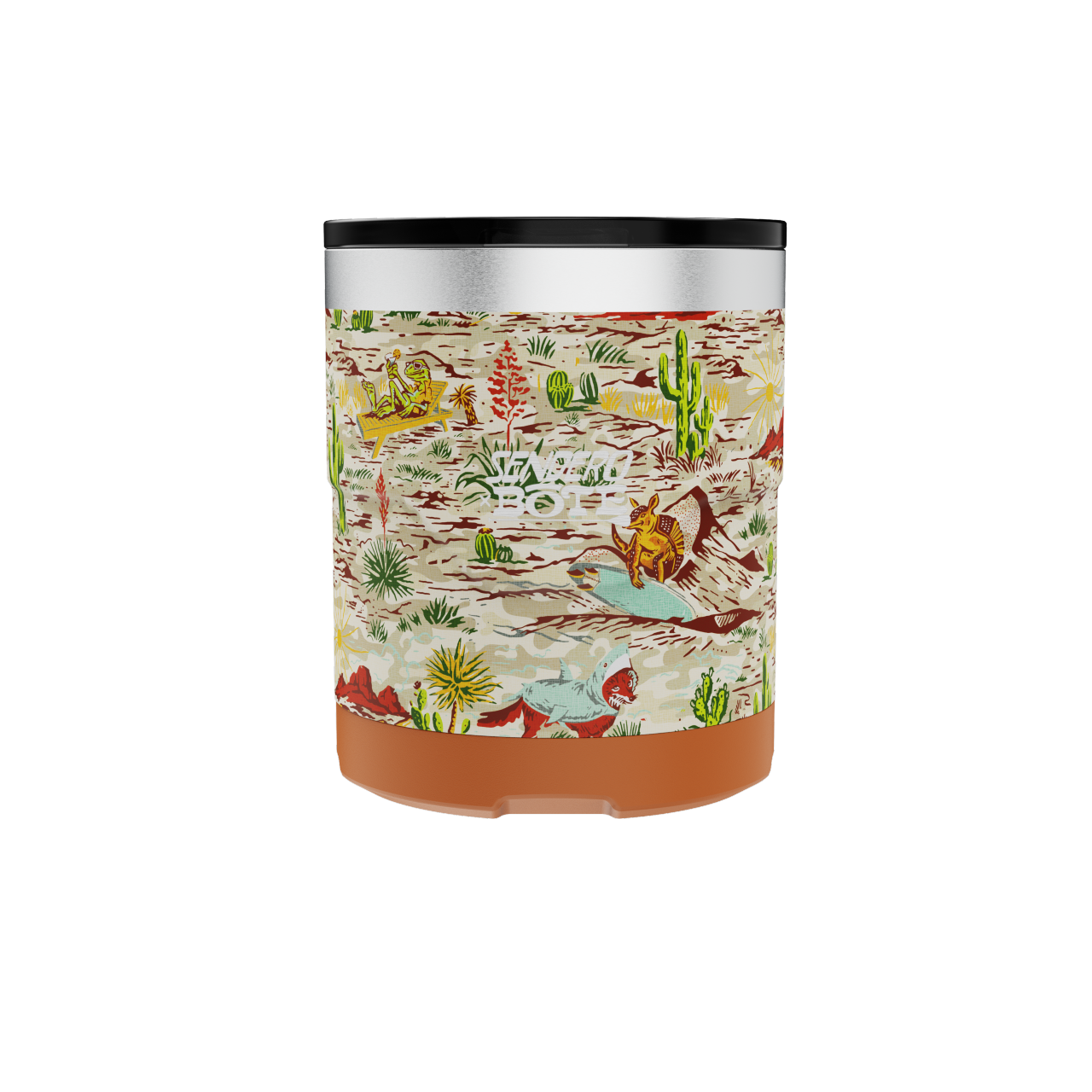 A direct front view of the MAGNETumbler 12oz Lowball with Lid Native Sendero, highlighting its main design and branding elements.