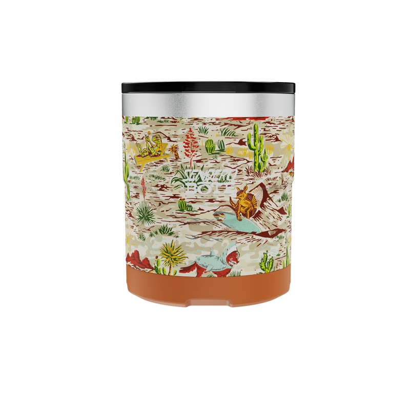 A direct front view of the MAGNETumbler 12oz Lowball with Lid Native Sendero, highlighting its main design and branding elements.