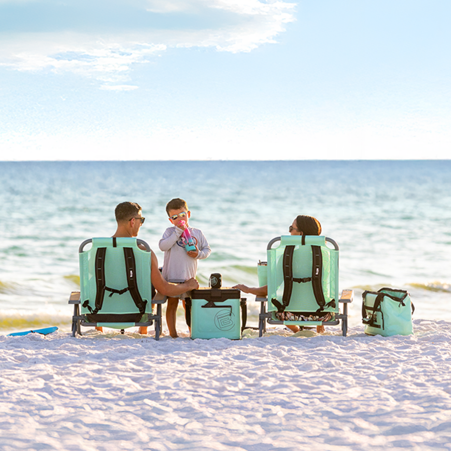 Rear view of Mule Series Full Haul setup with two chairs facing ocean and cooler between.