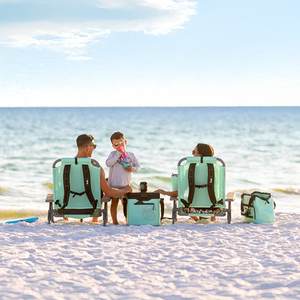 Rear view of Mule Series Full Haul setup with two chairs facing ocean and cooler between.