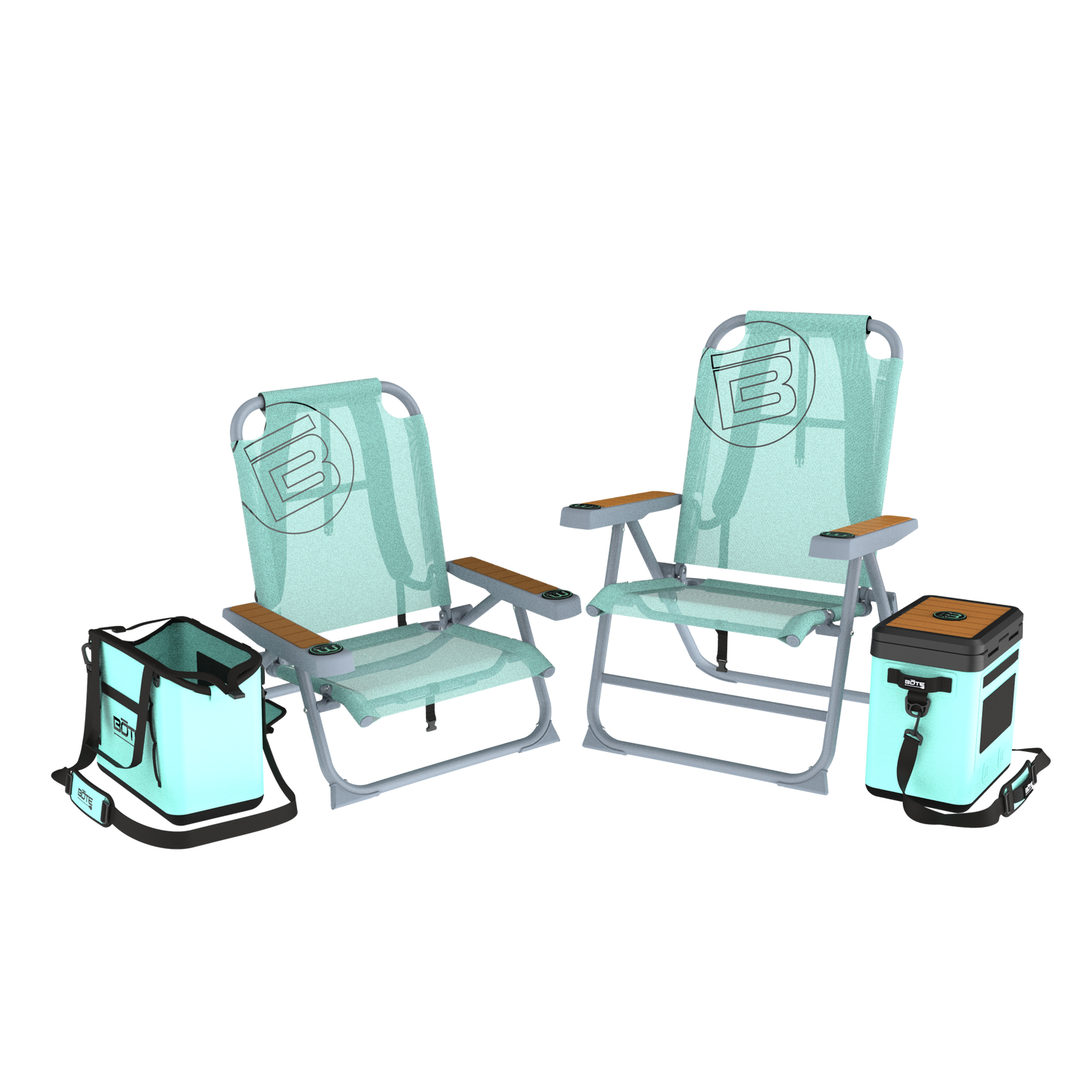 Front view of Mule Series Full Haul with one Outpost chair, one Dune chair, tote, and cooler.