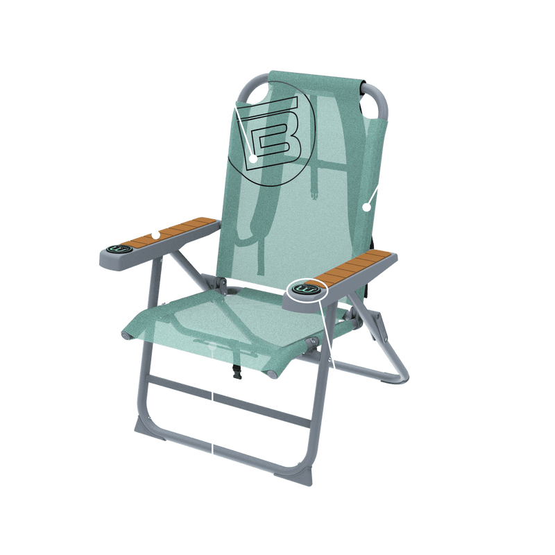 Mule Outpost Chair with labeled features including reclining backrest and mesh seat.