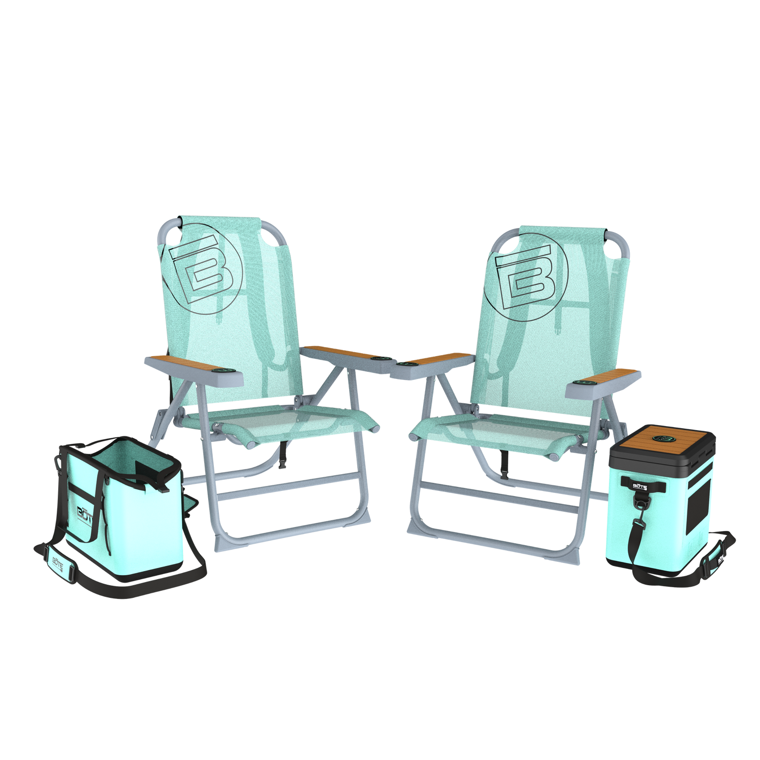 Front view of Mule Series Full Haul with two Outpost chairs, tote bag, and cooler.