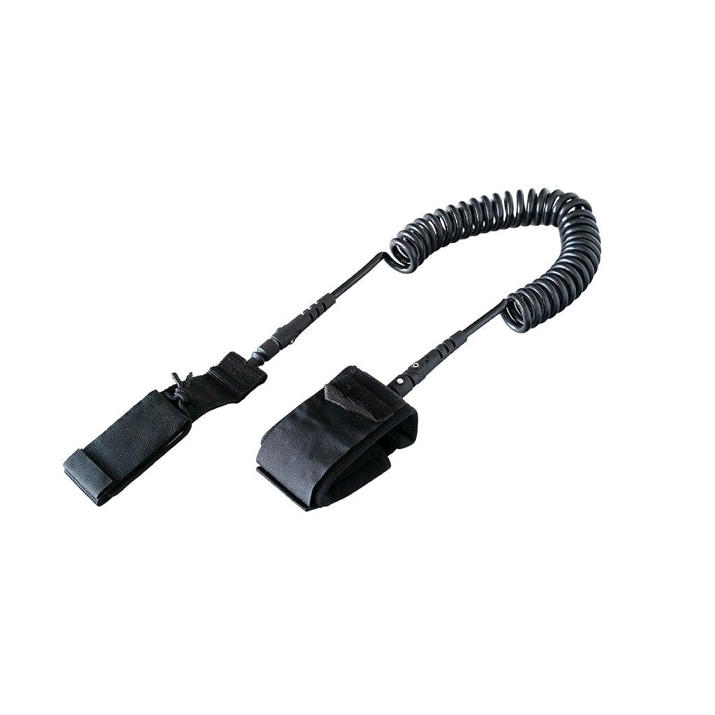 Top view of the NEXUS LEASH - 10 FT with coiled cord and padded ankle cuffs.