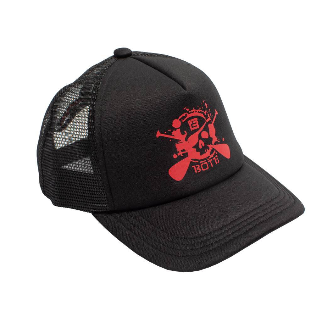 Front view of black No Quarter Trucker Hat with red cross-paddle logo.
