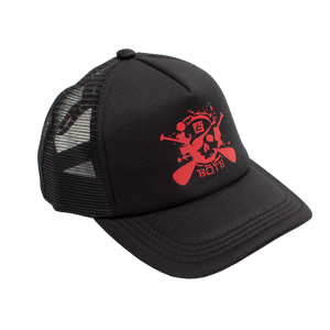 Front view of black No Quarter Trucker Hat with red cross-paddle logo.
