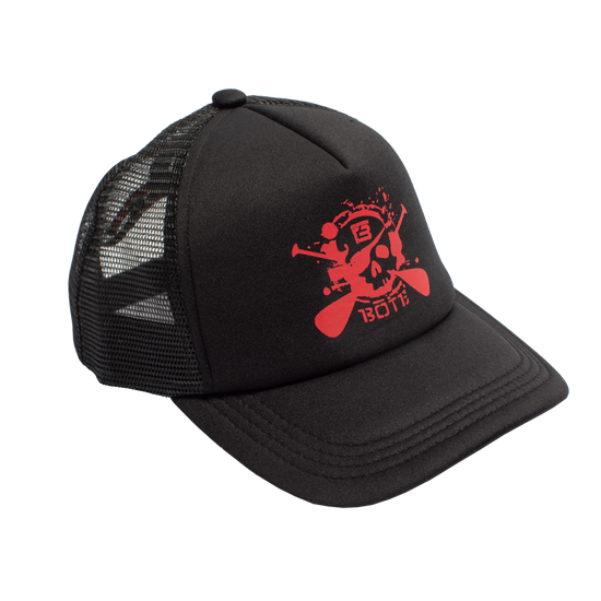 Front view of black No Quarter Trucker Hat with red cross-paddle logo.