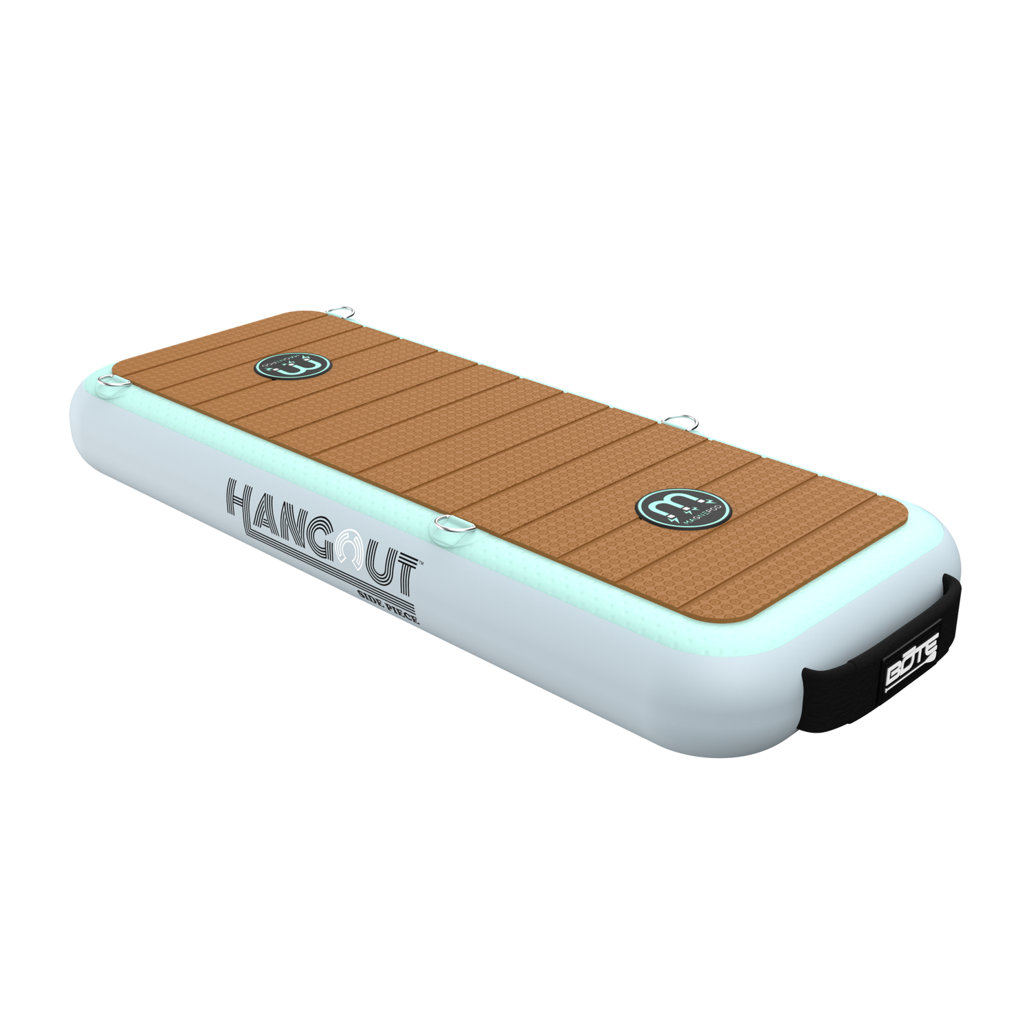 Angled view of Hangout Side Piece inflatable dock with teak-style deck and mint rails.